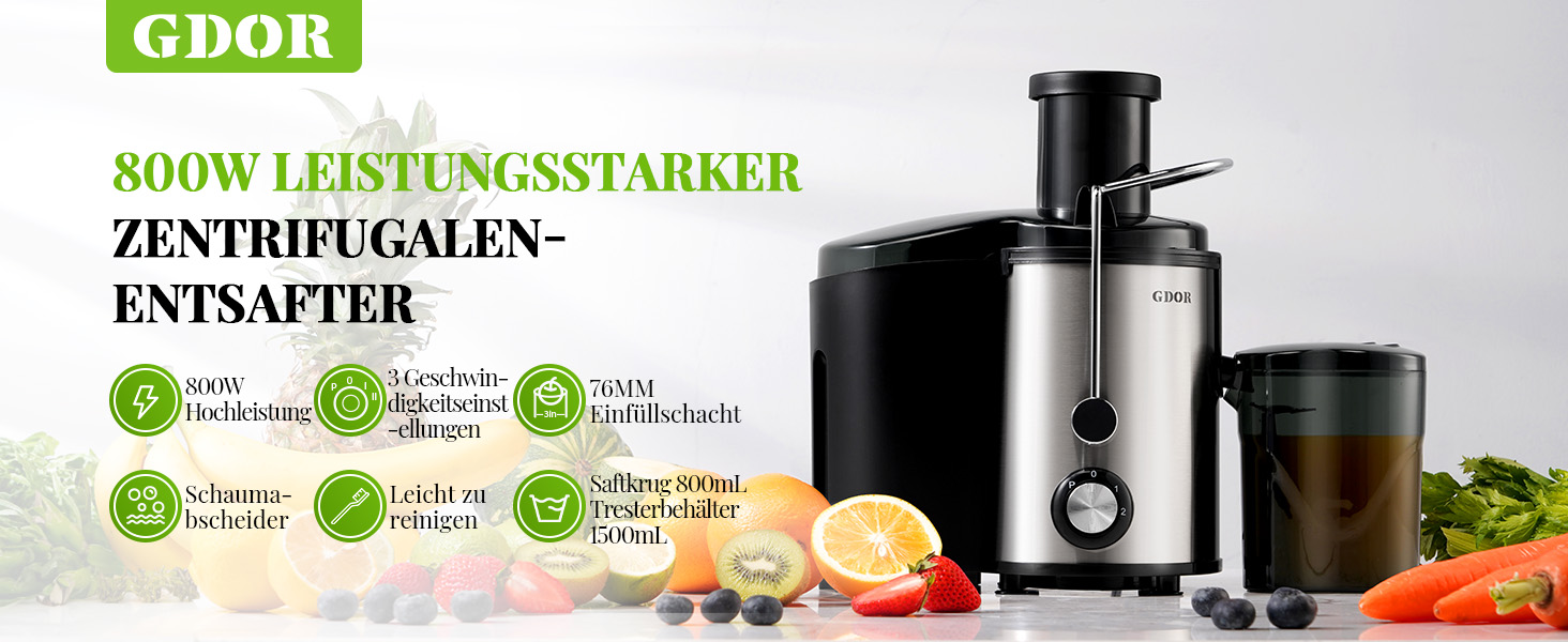 Шокер-віджимач GDOR 800W з нержавіючої сталі, 76 мм, 3 швидкості, для фруктів та овочів, швидке віджимання, легкий у чищенні, BPA-free