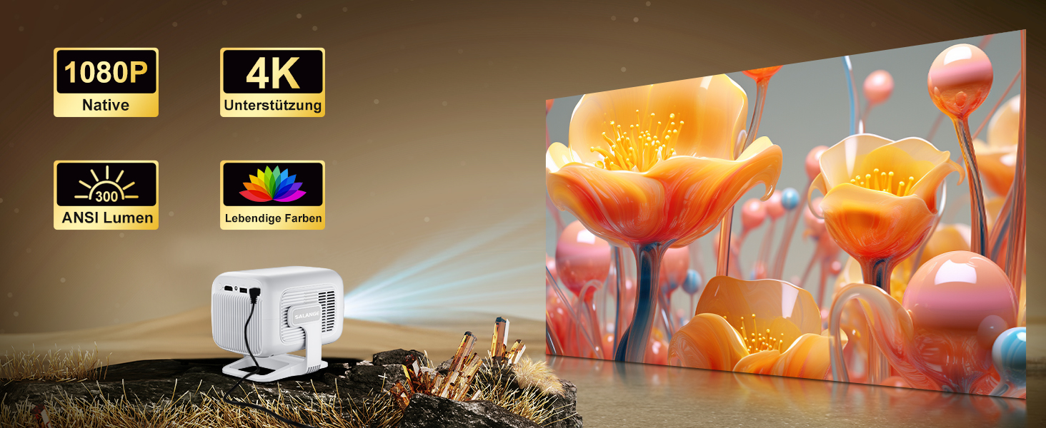 Міні проєктор Salange 4K з Wi-Fi 6, Bluetooth 5.2 та Android 11.0 для дому, смарт-проєктор з обертанням 180°, сумісний з телефоном/Xbox/ноутбуком/TV Stick/USB, білий (Sala260max)