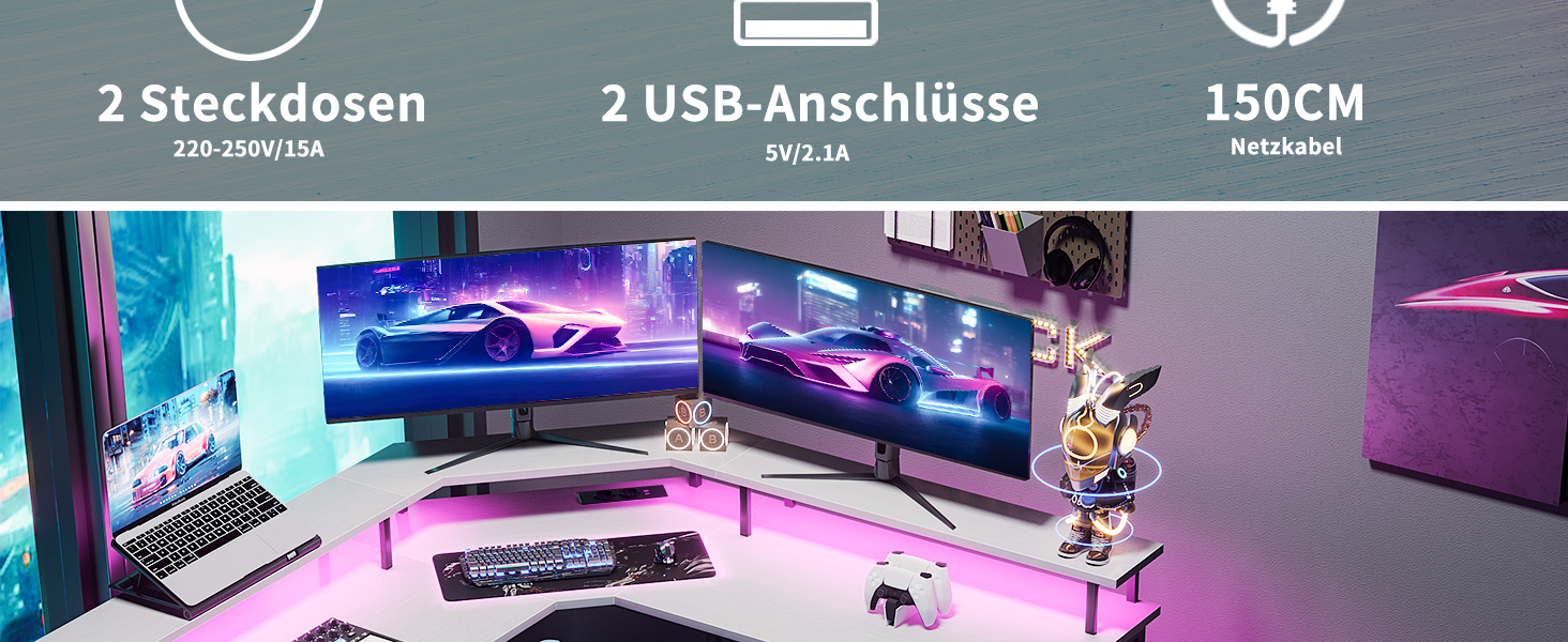 Ігровий стіл ODK 129x129 см з LED підсвіткою, 2 розетки та 2 USB, для ПК та комп'ютера, білий