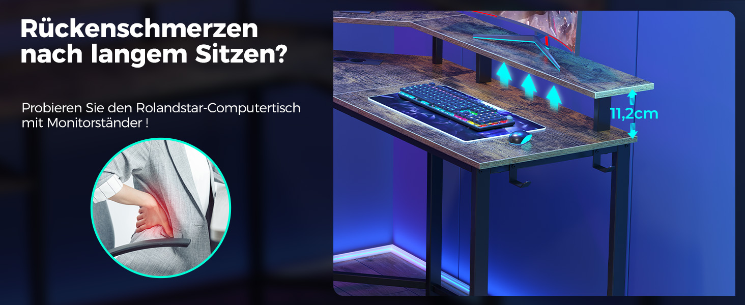 Кутовий стіл Rolanstar з RGB-підсвіткою та розетками, 135 см, для комп'ютера з підставкою для монітора та полицею, реверсивний, з 2 гачками, для спальні/офісу, вінтажний коричневий, 134,5 x 134,5 x 86,2 см