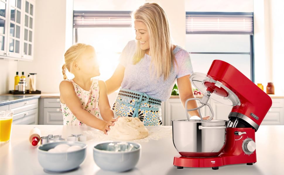 Кухонна машина Arebos 1500W з двома чашами з нержавіючої сталі (4.5L та 5.5L) | Кухонний міксер з набором насадок (крюк для тіста, вінчик, гак для збивання) та захистом від бризок | 6 швидкостей