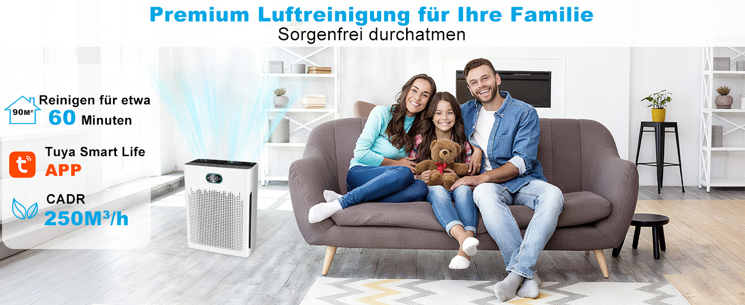 Повітряочисник HEPA з керуванням через додаток, LED-дисплей, тихий режим (22 dB), CADR 250 м³/год, для кімнат до 90 м², режим для тварин, видаляє 99,97% пилу, пилку, шерсті та запахів