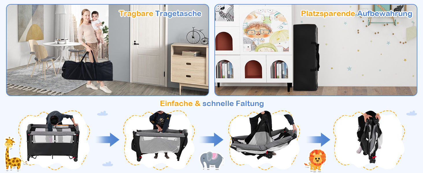 Дитяче ліжко-манеж COSTWAY 120x60 см з матрацом, пеленальним столиком, іграшками та музичною шкатулкою, сірий колір