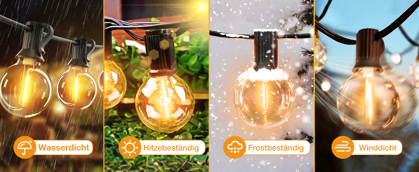 LED гірлянда світлодіодна зовнішня, димування, таймер, 15м, декоративні лампочки G40, тепле біле світло, пластик, вологостійка для саду, балкону, вечірки, павільйону, тераси