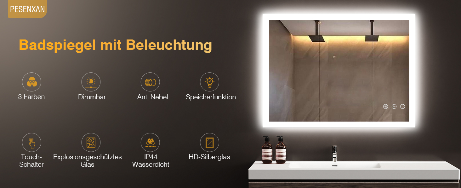 LED дзеркало для ванної кімнати 80x60 см з підсвічуванням, 3 кольори світла, регулювання яскравості, антизапарник, сенсорне керування, пам'ять, IP44, вологостійке