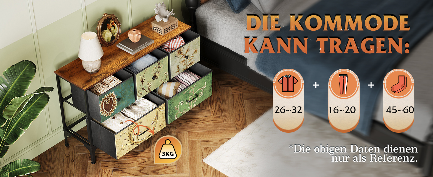 Комод WLIVE з 5 висувними ящиками з тканини, шафа для спальні, комод у вітальню, зі сталевим каркасом, богемний стиль, 29.8T x 100B x 63.7H см (5 ящиків), зелений