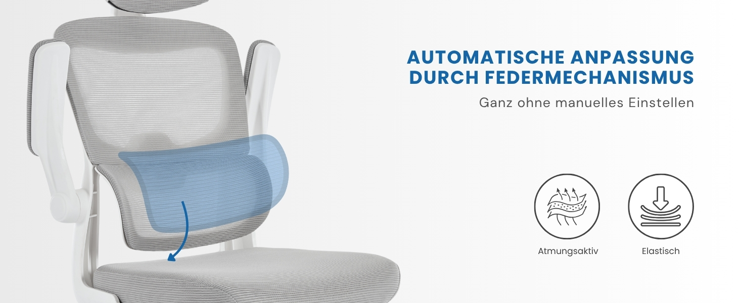 Офісний крісло SEEDWAVE з ергономічною підтримкою спини, регульованою підголівником та функцією гойдання, сірий та білий колір, до 150 кг