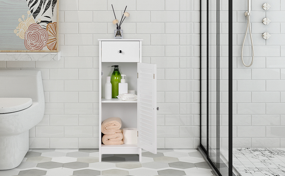 Шафка для ванної кімнати Yaheetech - вузька тумбочка з шухлядою та дверцятами, 32 x 30 x 87 см, біла
