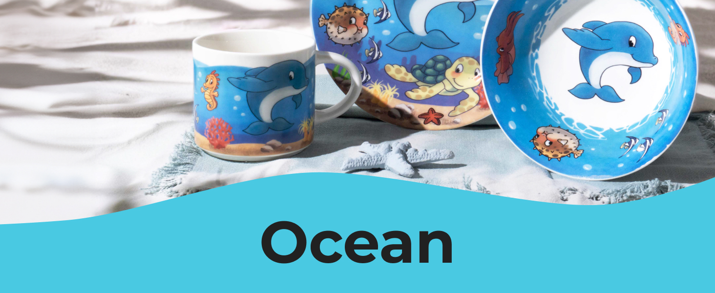 MIAMIO Набір дитячого посуду 3 шт. з порцеляни (Тарілка, Миска, Чашка) - Океан