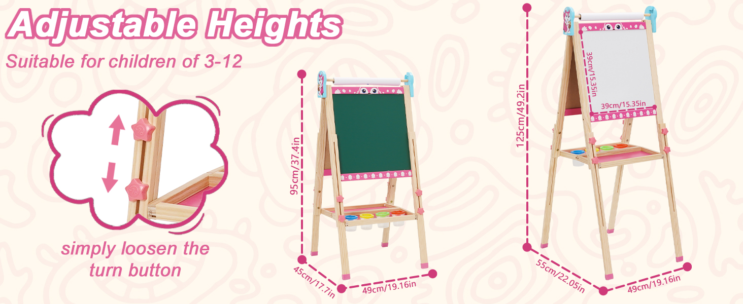 Дитяча мольберт Kinder Staffelei 3 в 1: регульована висота 95-125 см, ролик для паперу, двосторонній, з набором для малювання (100+ шт.), для дітей 3-8 років (рожевий)