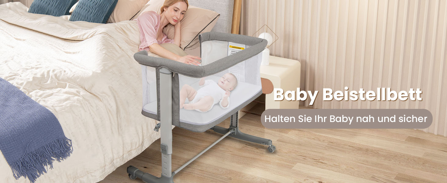 DREAMADE Beistellліжко 2-в-1 з регулюванням висоти, 5-рівнів, для новонароджених, з матрацом та колесами, 86 x 63 см, нахил 10°, сірий колір