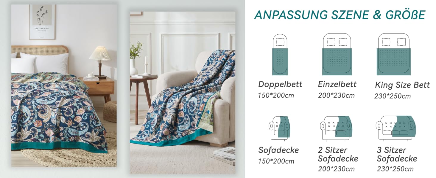 Преміум плед Bailix Boho з 100% бавовни, двостороння муслінова ковдра 200x230 см для дивана та ліжка, декоративна patchwork ковдра в стилі бохо, колір Indigo-traum