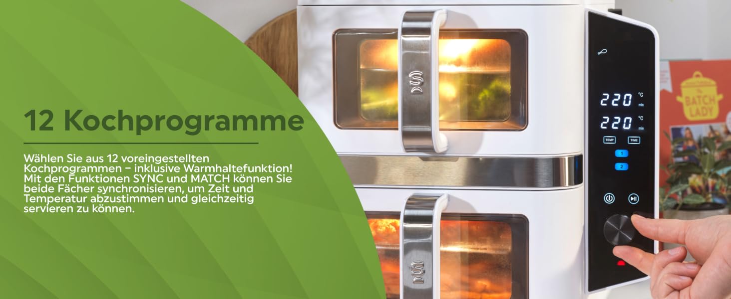 Аерофритюрниця Salter VertiCook View 9л: двокамерна з вертикальним дизайном, 12 програм, Sync & Match, 4 рівні приготування, без PFAS, біла