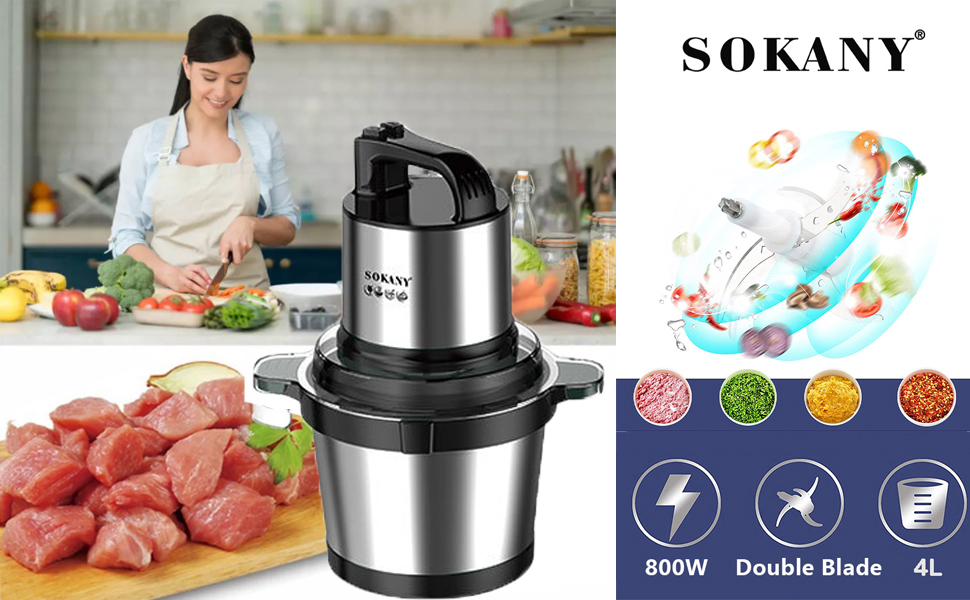 М'ясорубка-подрібнювач Sokany SK-7028 800W з чашею 4л, електричний подрібнювач для м'яса, овочів, фруктів з 2 швидкостями та 4 лезами
