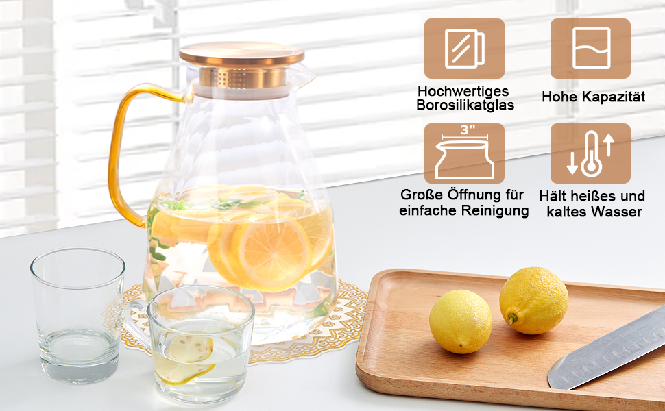 Скляна карафа Yirilan 2.2 л з кришкою, 74 унції, для води, скляна банка, глечик для води, скляний глечик