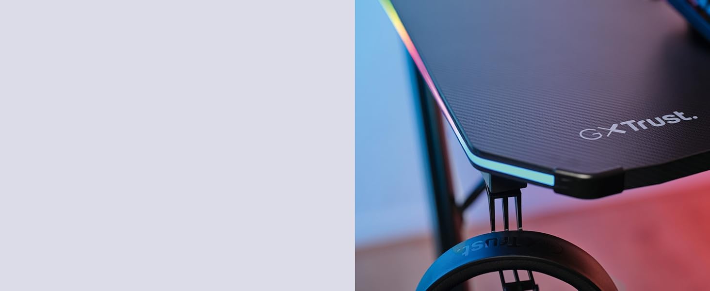Ігровий стіл Trust Gaming GXT 709W Luminus RGB з підсвічуванням LED, 10 режимів, USB, білий, з підставкою для навушників та тримачем для напоїв, 120 x 60 см