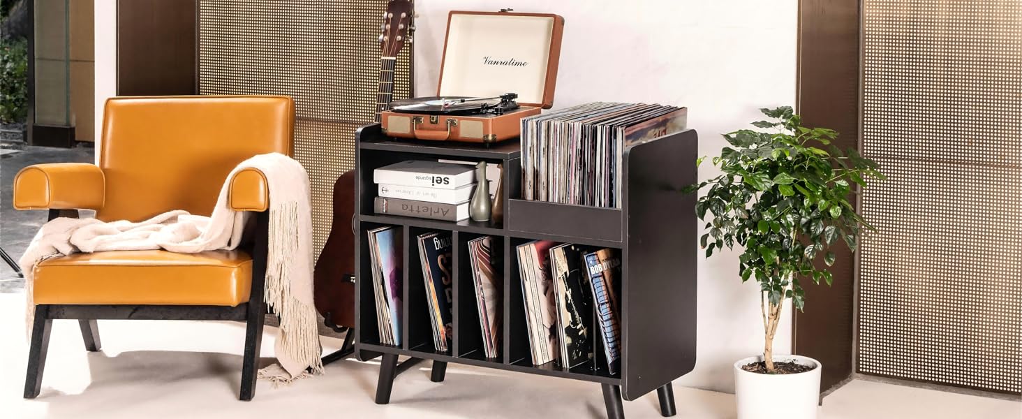 Стіл для програвача, стійка для вінілових програвачів середини століття з місцем для зберігання до 350+ платівок, шафа для вінілових платівок з регульованими полицями (високоякісний чорний)