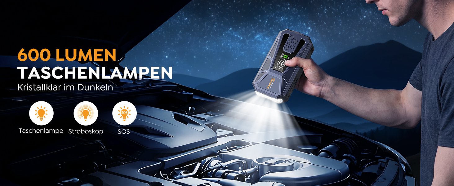 Пусковий пристрій (бустер) 8000A з компресором 160 PSI, Powerbank 12V для бензинових та дизельних двигунів до 12.0L, портативний стартер з LED-ліхтарем 600LM та кабелями