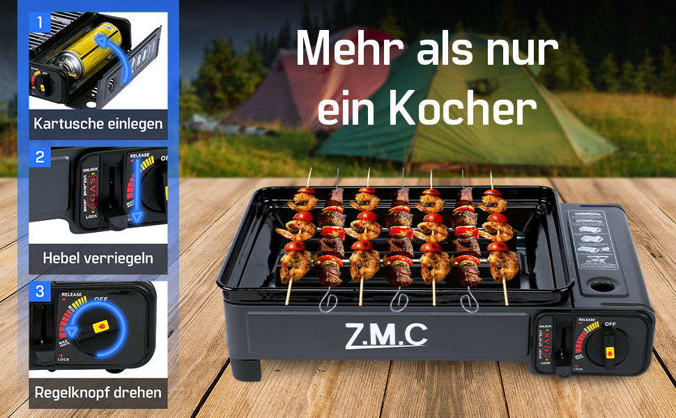 Z.M.C. 2-в-1 газовий набір для кемпінгу: плита та гриль з аксесуарами та кейсом. Газовий гриль та плита з пьезозапалюванням, 2.2kW, LPG-підключення