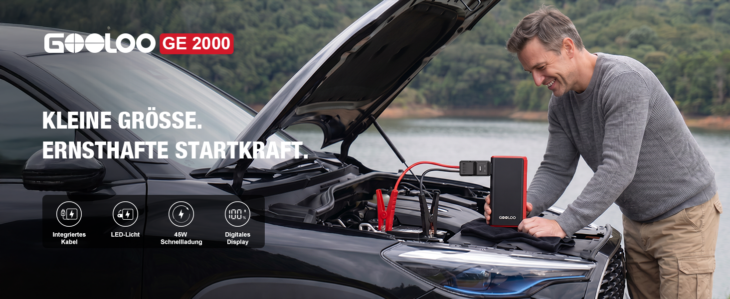 Пусковий пристрій (бустер) GOOLOO GE2000 2000A з функцією Powerbank та швидкою зарядкою USB, чорний