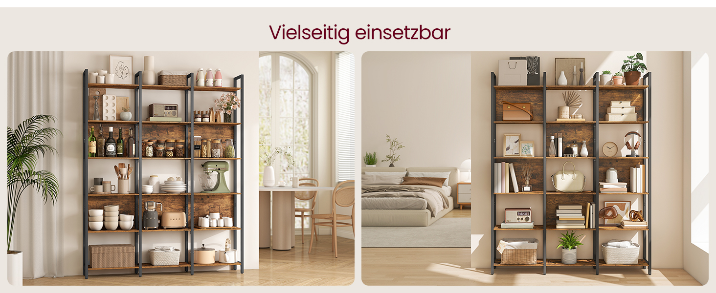 Стелаж VASAGLE з 5 відкритими полицями: для кухні, вітальні, офісу, промисловий дизайн, 24 x 128 x 154,1 см, vintagebraun-tintenschwarz