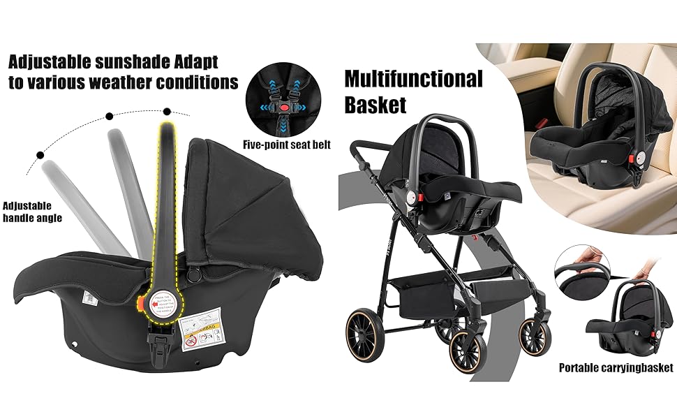 Дитяча коляска 3 в 1 Magic ZC 360° з обертовим сидінням, PU-шкіра, комплект з аксесуарами, складана, легка, чорний (906 Black, V8 Black)