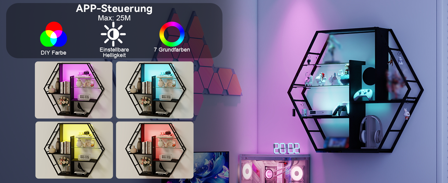Підвісні полиці YU YUSING з RGB підсвічуванням (7 кольорів), з 8 гачками, для ігор, декору, спальні, кухні, бару, ігрової кімнати, гексагональної форми, 100x20x87 см
