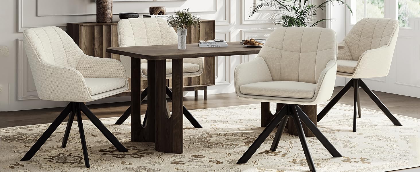 Набір з 2 обертових стільців для їдальні/кухні, бежевий, з підлокітниками, поліестер, металеві ніжки