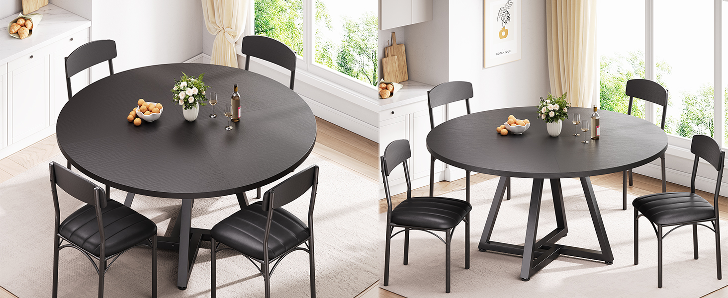 Круглий обідній стіл на 4 особи, кухонний стіл зі стабільним металевим каркасом, компактний стіл для їдальні в індустріальному стилі (Чорний, 120x120x76 см)