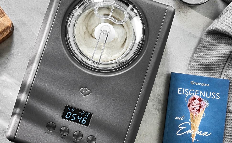 Електрична мороженична машина Springlane Emma 1,5 л з компресором, нержавіюча сталь, знімний контейнер, рецепти, антрацит