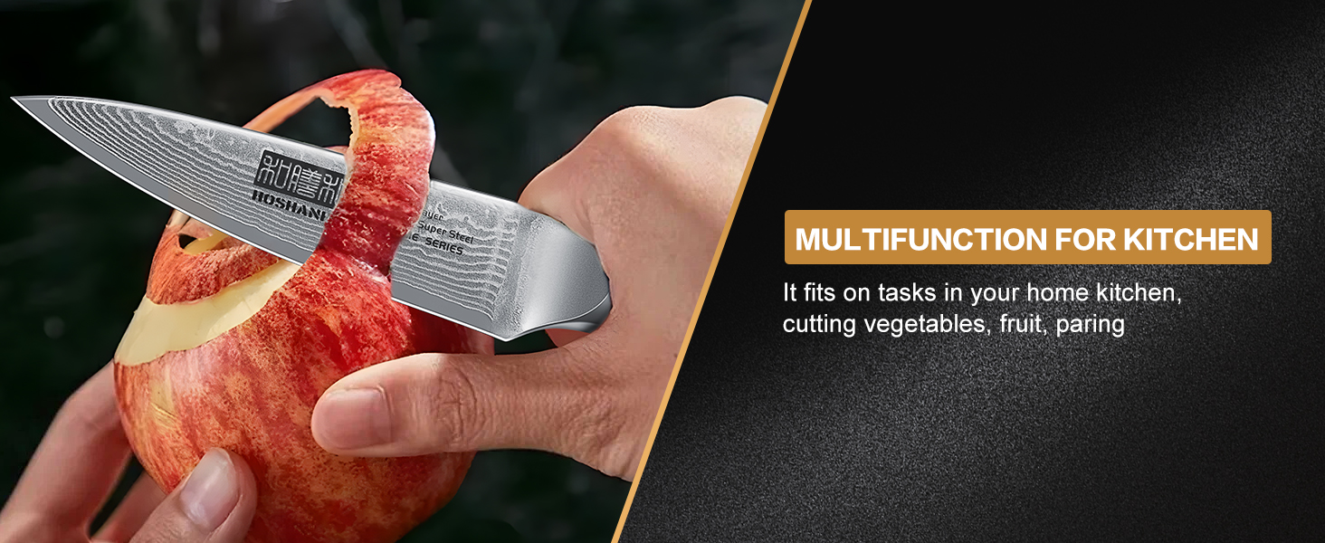 Японський ніж HOSHANHO з дамаської сталі 20 см, 67 шарів, кухонний ніж для приготування їжі, гострий, з ергономічною ручкою оливкового кольору (9.5 см), ніж для очищення