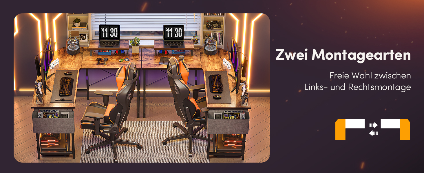 Ігровий стіл CubiCubi L-подібної форми 150x120 см з підставкою для монітора та кишенькою для зберігання, вінтажний коричневий