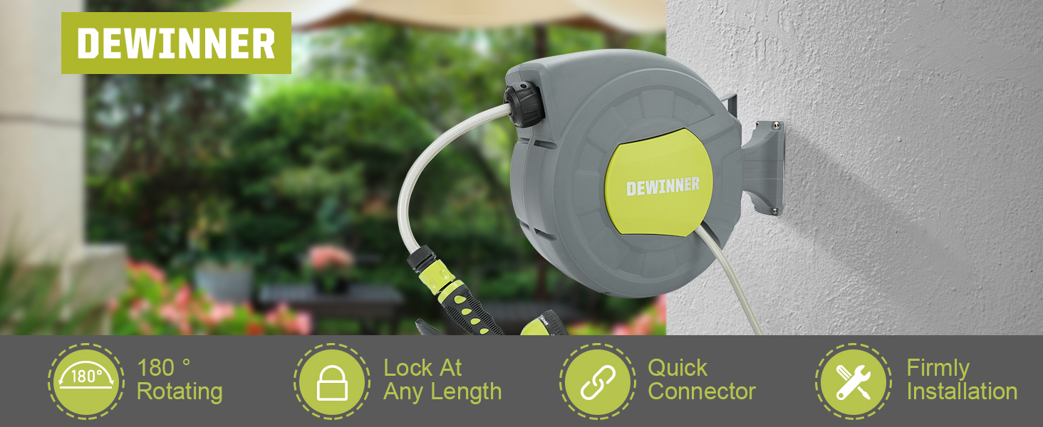 DEWINNER: барабан для садового шлангу 20 + 2 м, автоматичний, з ручною лійкою, поворотний 180°, 7 функцій, для великих садів