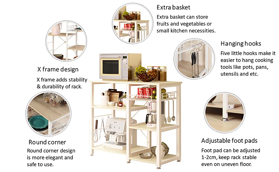 Стелаж для кухні Soges: міцна підставка для мікрохвильової печі з 3 полицями, чорний (білий клен)