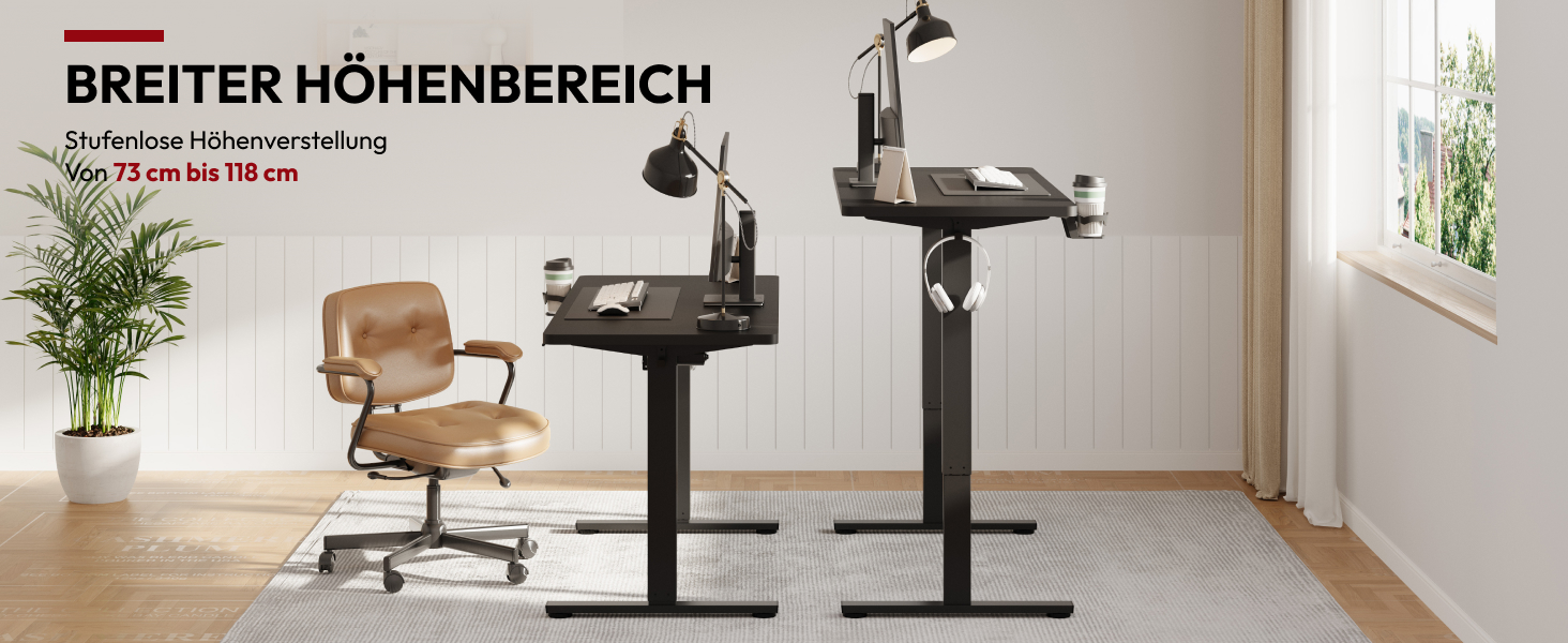 Регульований по висоті письмовий стіл SANODESK (110×54 см, чорний) з цільною стільницею, полицею та кабелем-менеджментом, витримує до 100 кг