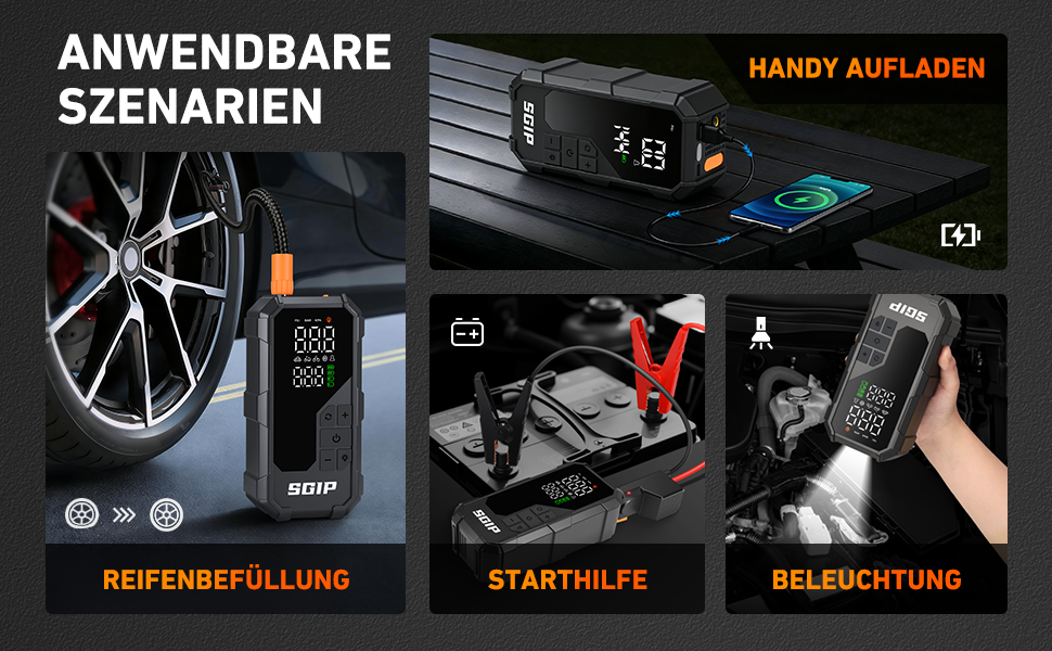 Powerbank-пусковий пристрій 26800mAh Starthilfe 7000A для автомобілів з компресором та ліхтариком, сумісний з бензиновими та дизельними двигунами (до 8.0L)