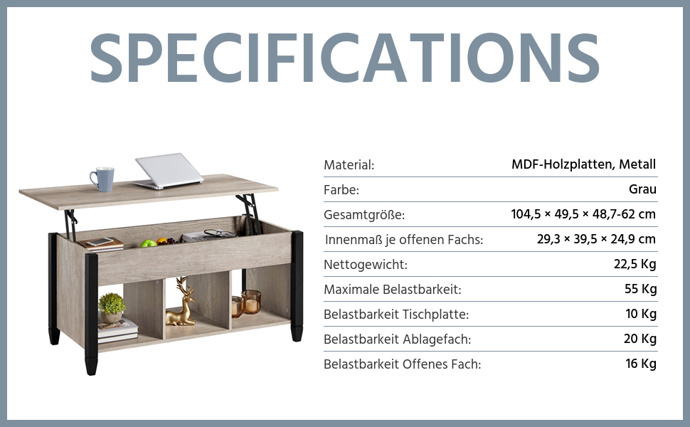 Журнальний столик Yaheetech Журнальний столик з регульованою висотою з підйомною плитою Підйомний стіл Приховане зберігання Дерев'яний журнальний столик Журнальний столик для вітальні (сірий)