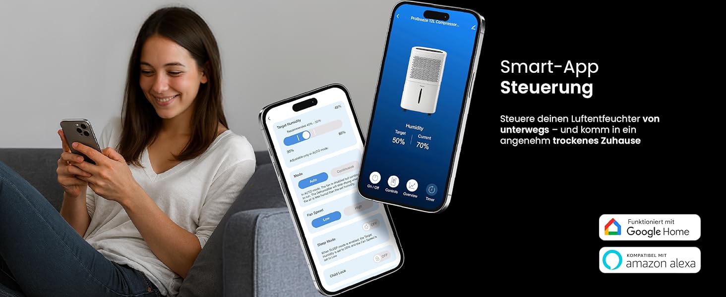 Pro Breeze® Eco Kompakt 12L/день: Електричний осушувач повітря з LED-дисплеєм, функцією сушіння білизни та Smart App (20 м²)