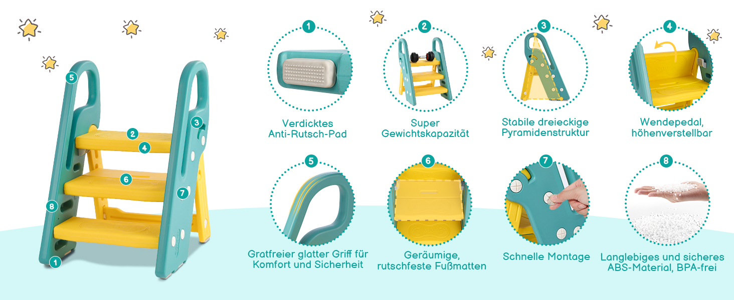 Дитячий трибуз/табурет Onasti, 2-3 сходинки, регульована висота, складаний, багатофункціональний (зелений)