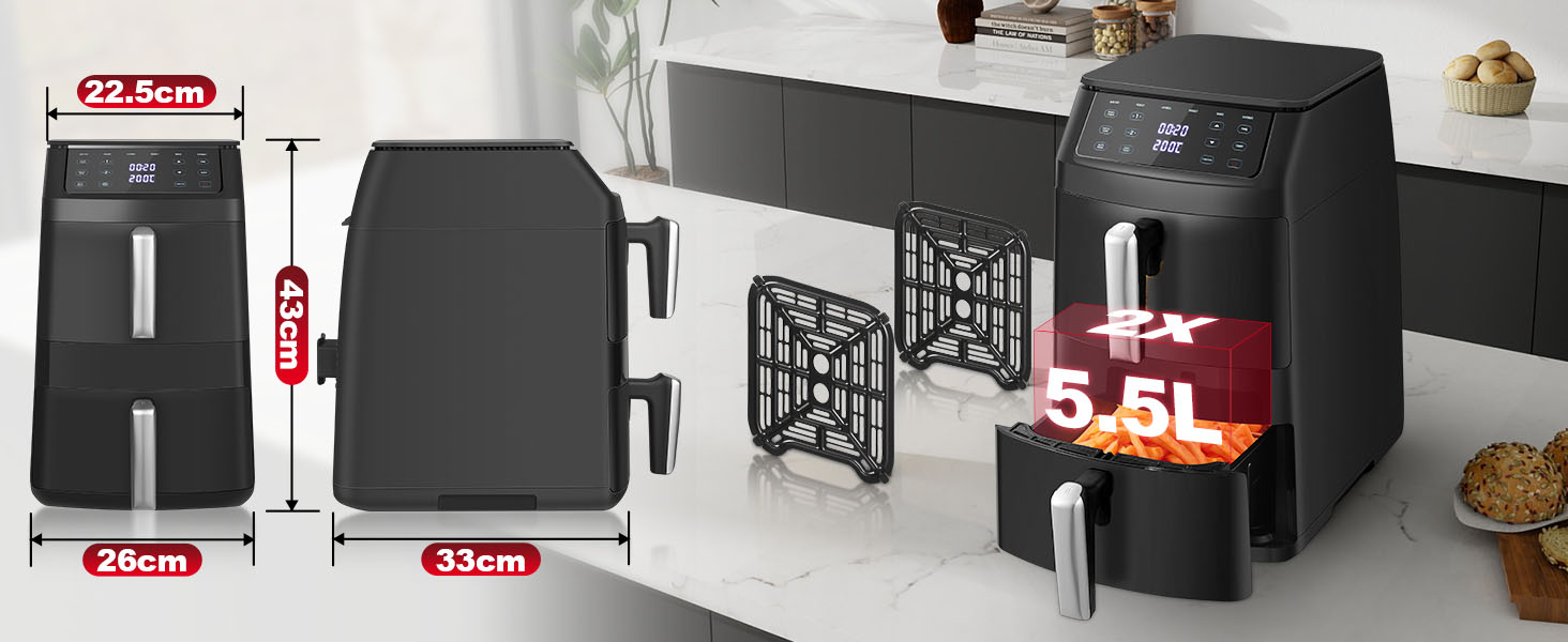 Аерофритюрниця TopStrong з двома камерами 11л, 2500W, вертикальна мультипіч з вікном, 6 функцій, чорна