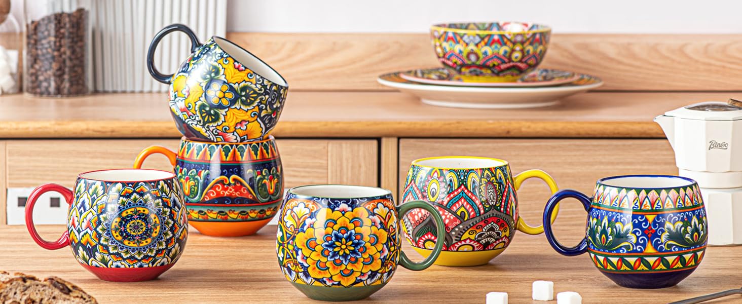 Набір кавових чашок Henten Home з порцеляни, 6 шт., 250 мл, ручної роботи, набір для 6 осіб, включає чашки та блюдця (600 мл)