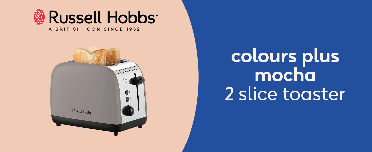 Тостер Russell Hobbs Colours Plus Edelstahl на 2 тости, Мока. Широкі слоти, підставка для булочок, 6 режимів, розморожування, Lift & Look, 1600 Вт