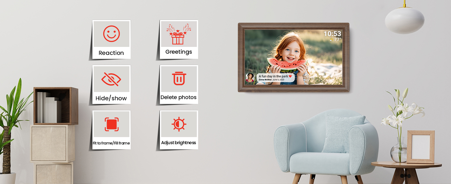 Цифровий фоторамка Frameo 10.1 дюйма з Wi-Fi, сенсорний IPS екран HD 1280*800, 32GB пам'яті, автоповорот, підтримка Frameo App для зручного обміну фото та відео, корпус з дерева (15.6 дюймів)