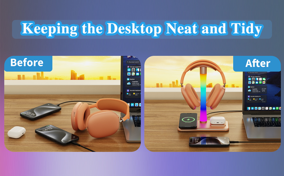 Підставка для навушників з бездротовим зарядним пристроєм, RGB-підсвічуванням, сумісна з Airpod Max, Airpod Pro/3/2, iPhone 16/15/14/13/12/11, Samsung, ідеальний подарунок для геймерів, чорний колір