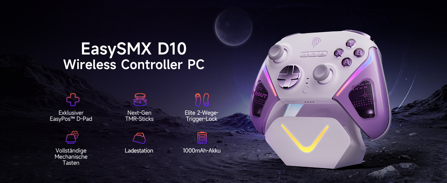 Контролер EasySMX D10 для ПК з підстанцією зарядки, бездротовий контролер з джойстиком TMR та 2-в-1 тригером, 1000Hz polling контролер з RGB підсвічуванням для ПК/Switch/телефону (фіолетовий)