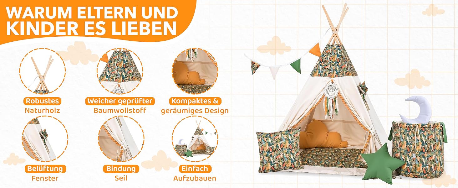 Дитячий намет-тіпі Rainbow Kids: бавовняне полотно, різні кольори та візерунки, з аксесуарами (Вовк, зірка, рожевий)