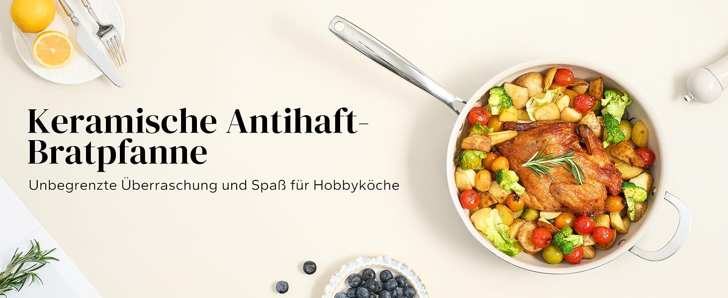 Сковорода Redchef 28 см з кришкою, антипригарне покриття, керамічна сковорода для індукції, з нержавіючою ручкою, без PTFE, PFOA, PFAS, для духовки, придатна для миття в посудомийній машині (Блакитна)