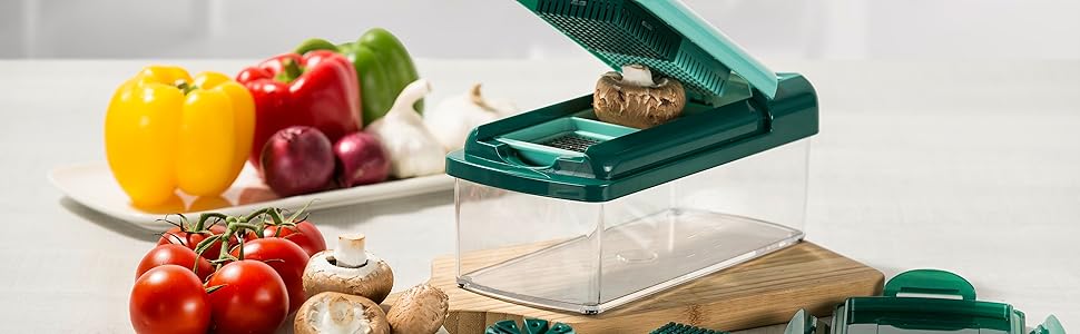 Genius Nicer Dicer Fusion Smart Julietti - Багатофункціональний набір для нарізки овочів та фруктів, 16 частин, зелений