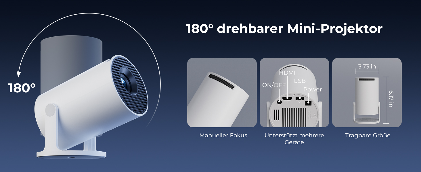 Mini проектор 4K Beamer з Android 14, WiFi 6 та Bluetooth 5.4 – 20000 Люмен, Автокорекція трапеції, Портативний кінотеатр для дому (білий, 15x11x18 см)