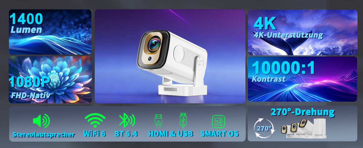 Портативний проєктор Mini Beamer 4K Full HD 1080P з Wi-Fi 6 та Bluetooth 5.2 (270° оберт, автоматична корекція трапеції, HDMI, USB, для ноутбука, білий) NT10-White